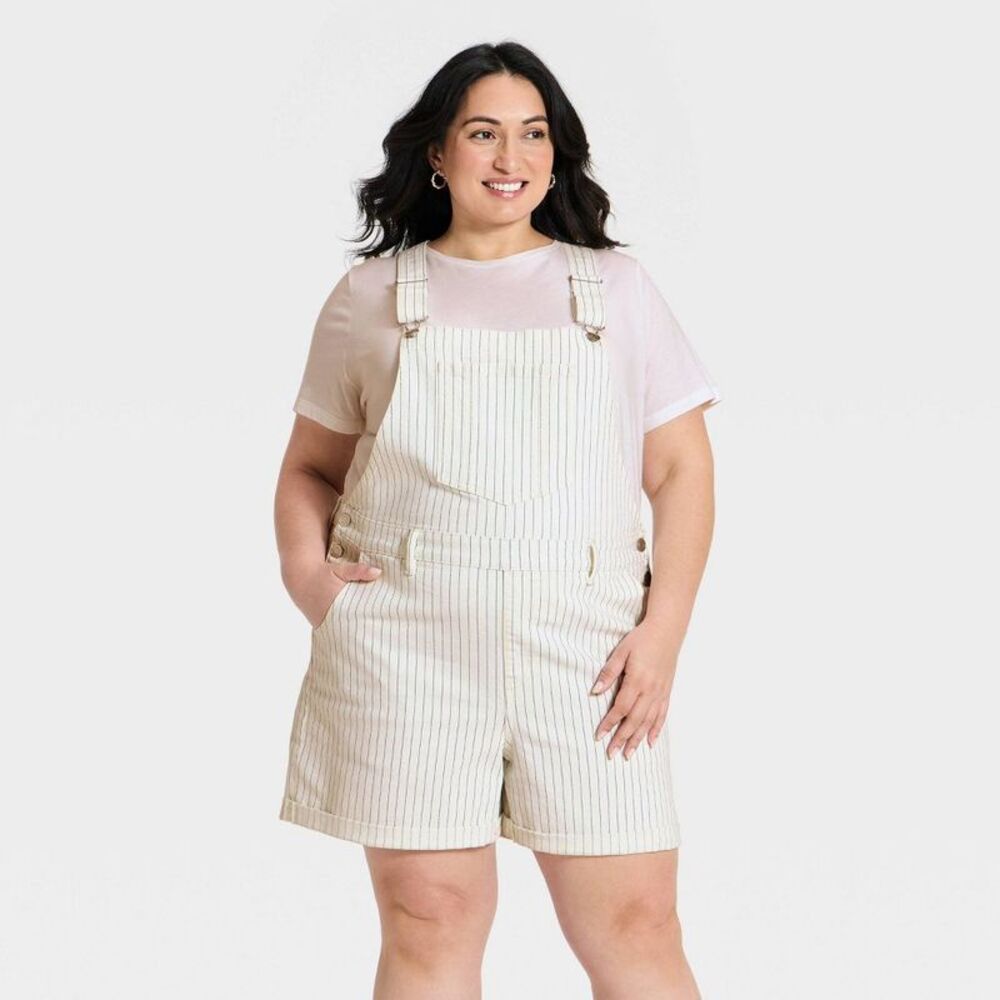 Women's Denim Shortall Romper - Ava & Viv Off-White Pinstripe 28